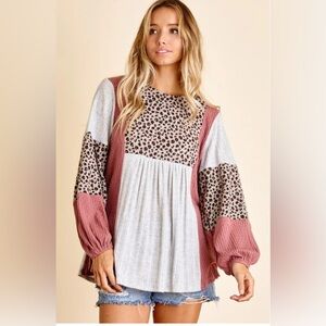 Ces Femme Pink and Gray Leopard Patchwork Boho Peasant Blouse